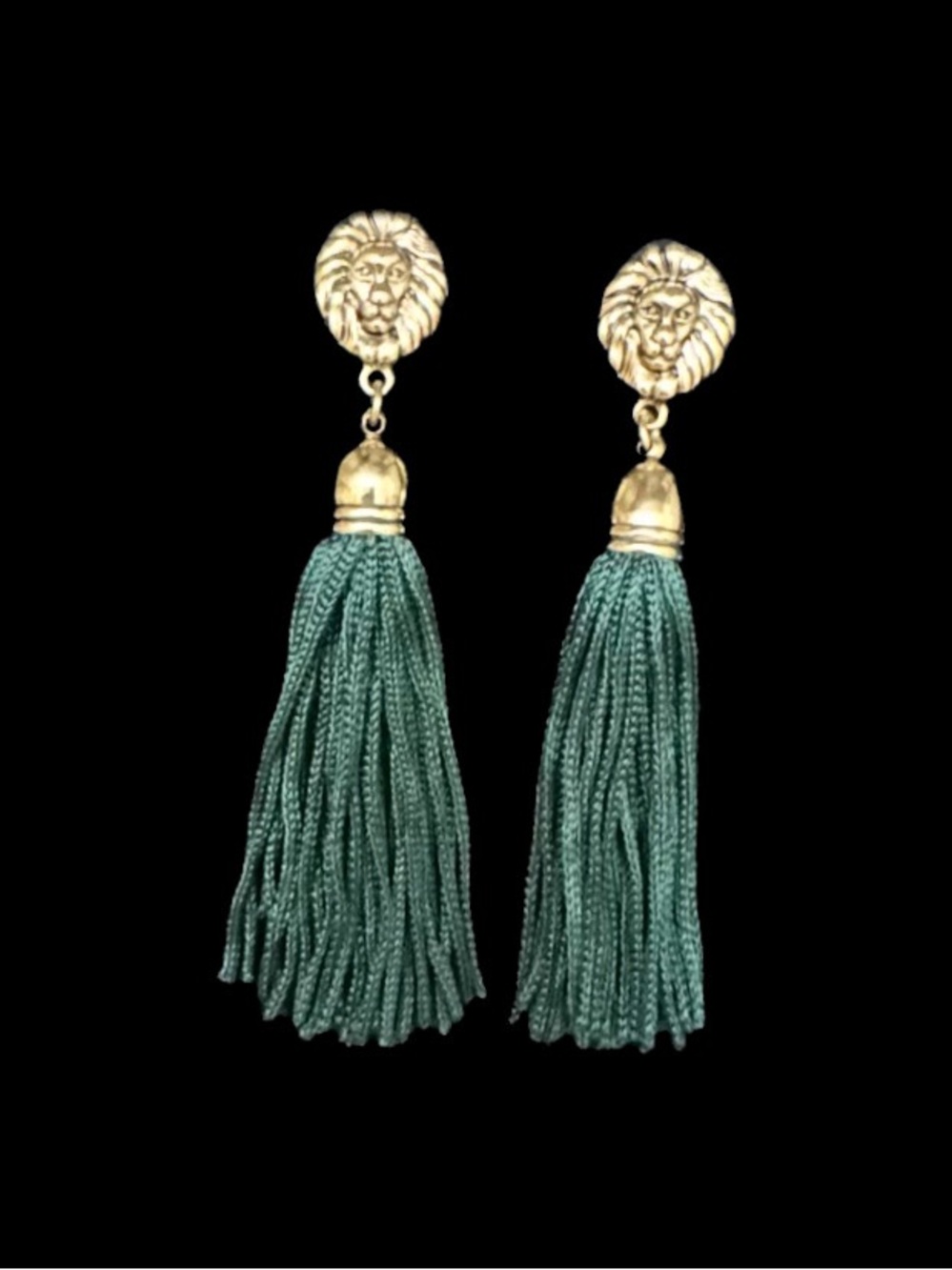Gold Lion Head Green Tassel Drop Earrings